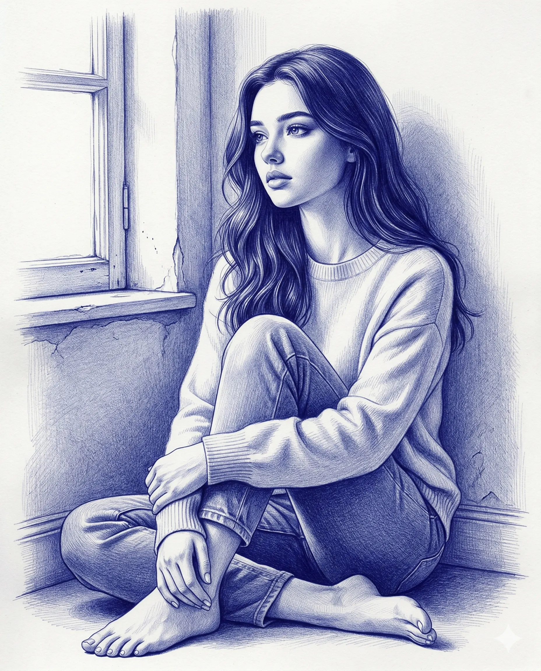 Girl Sitting by Window AI Photo Editing Prompt. AI generated blue ink sketch illustration of a young woman sitting barefoot on the floor and gazing thoughtfully out of a window.
