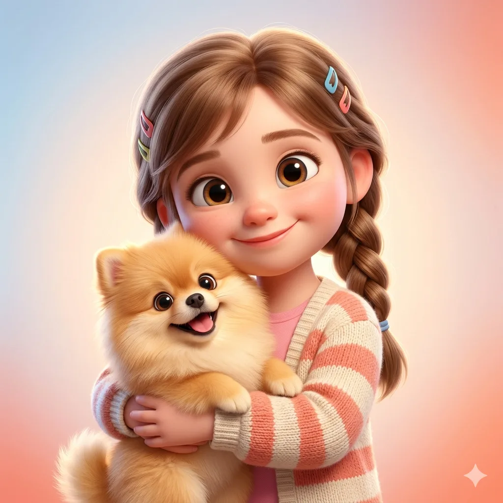 3D Animated Girl Hugging Pet AI Photo Editing Prompt. AI generated 3D digital illustration of a young girl with braided hair and colorful clips hugging a fluffy tan Pomeranian dog.