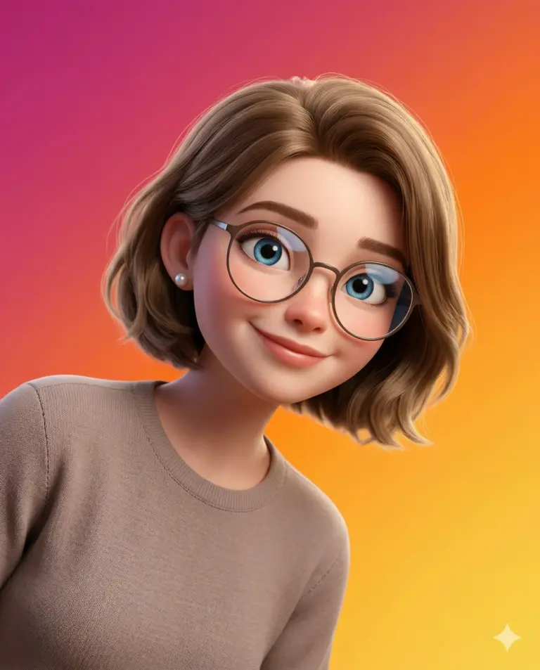 Girl with Glasses 3D Pixar Style Portrait Prompt. AI generated 3D digital illustration of a smiling girl with short wavy hair and round glasses against a vibrant gradient background.