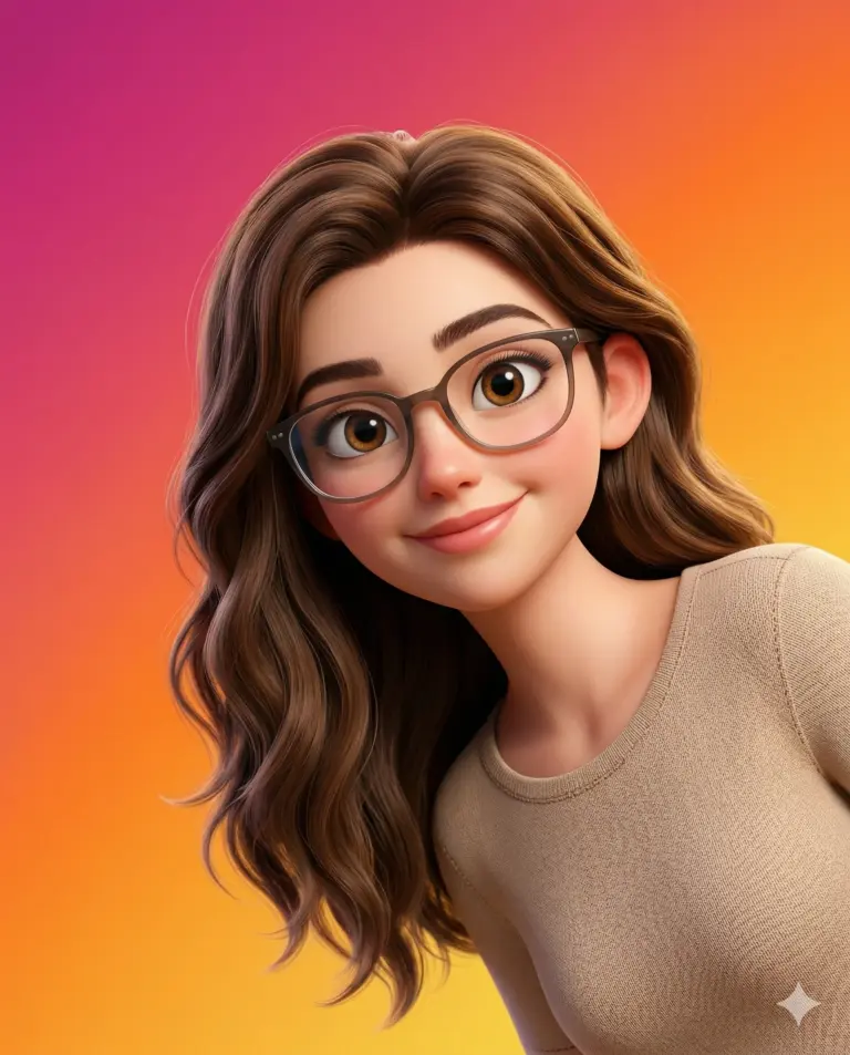 Animated Girl with Glasses and Wavy Hair Prompt. AI generated 3D digital illustration portrait of a girl with wavy brown hair and glasses against a vibrant pink and orange gradient background.