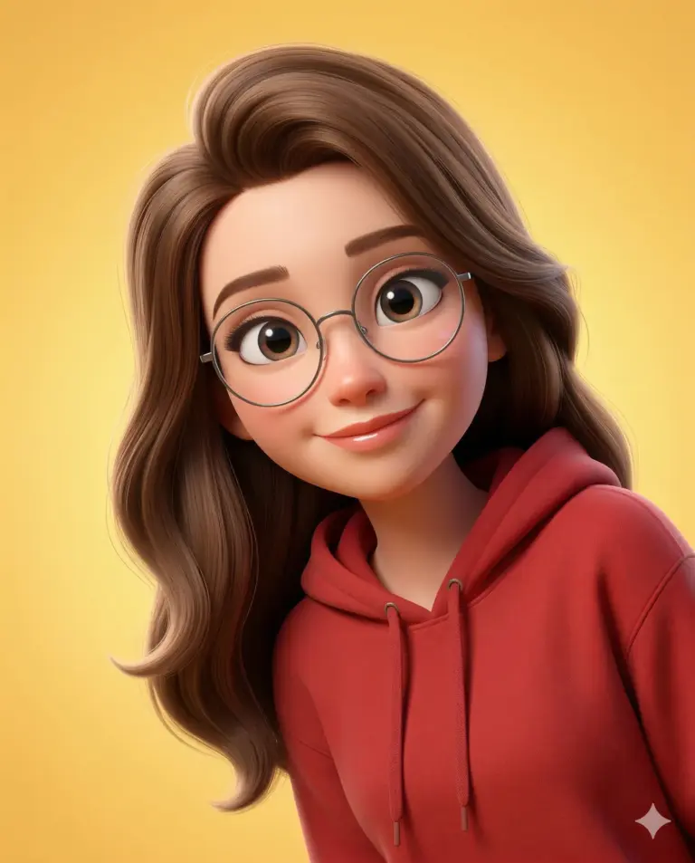 Girl in Red Hoodie and Glasses AI Photo Editing Prompt. AI generated 3D digital illustration of a smiling young woman with wavy brown hair and round glasses wearing a red hoodie against a vibrant yellow background.