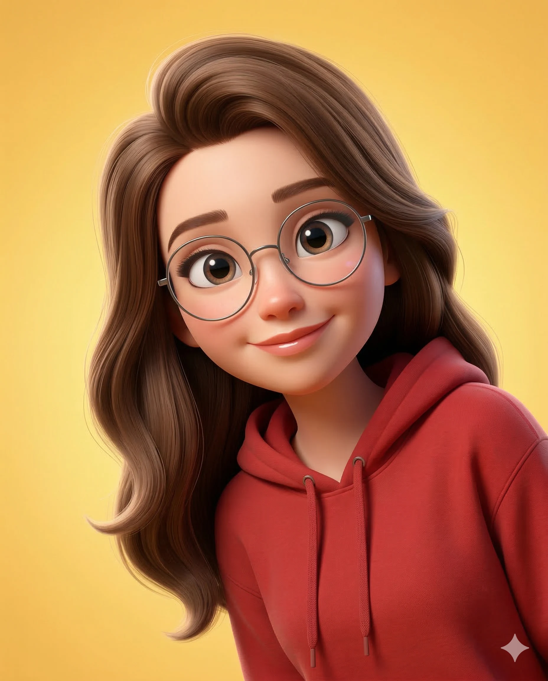 Girl in Red Hoodie and Glasses AI Photo Editing Prompt. AI generated 3D digital illustration of a smiling young woman with wavy brown hair and round glasses wearing a red hoodie against a vibrant yellow background.