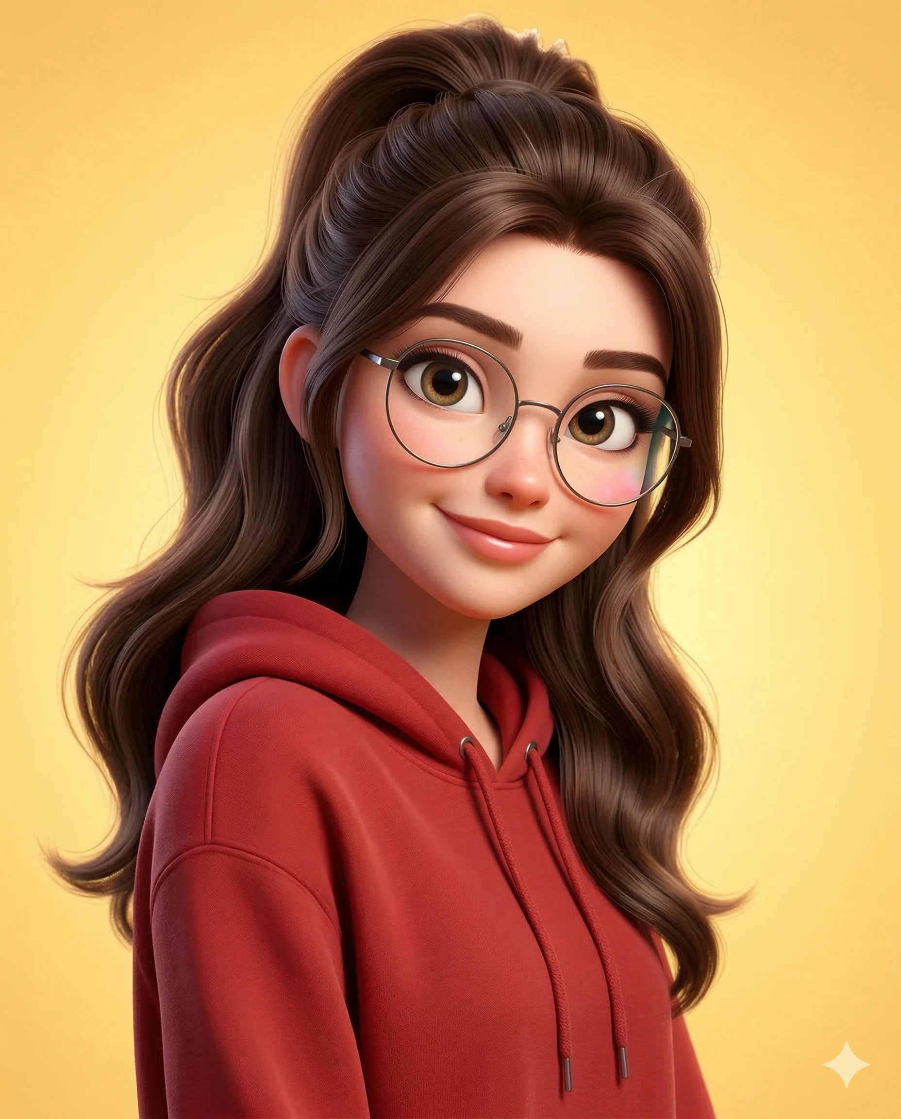 3D Girl in Red Hoodie AI Photo Editing Prompt. AI generated 3D digital illustration portrait of a girl with wavy brown hair and round glasses wearing a red hoodie against a yellow background.