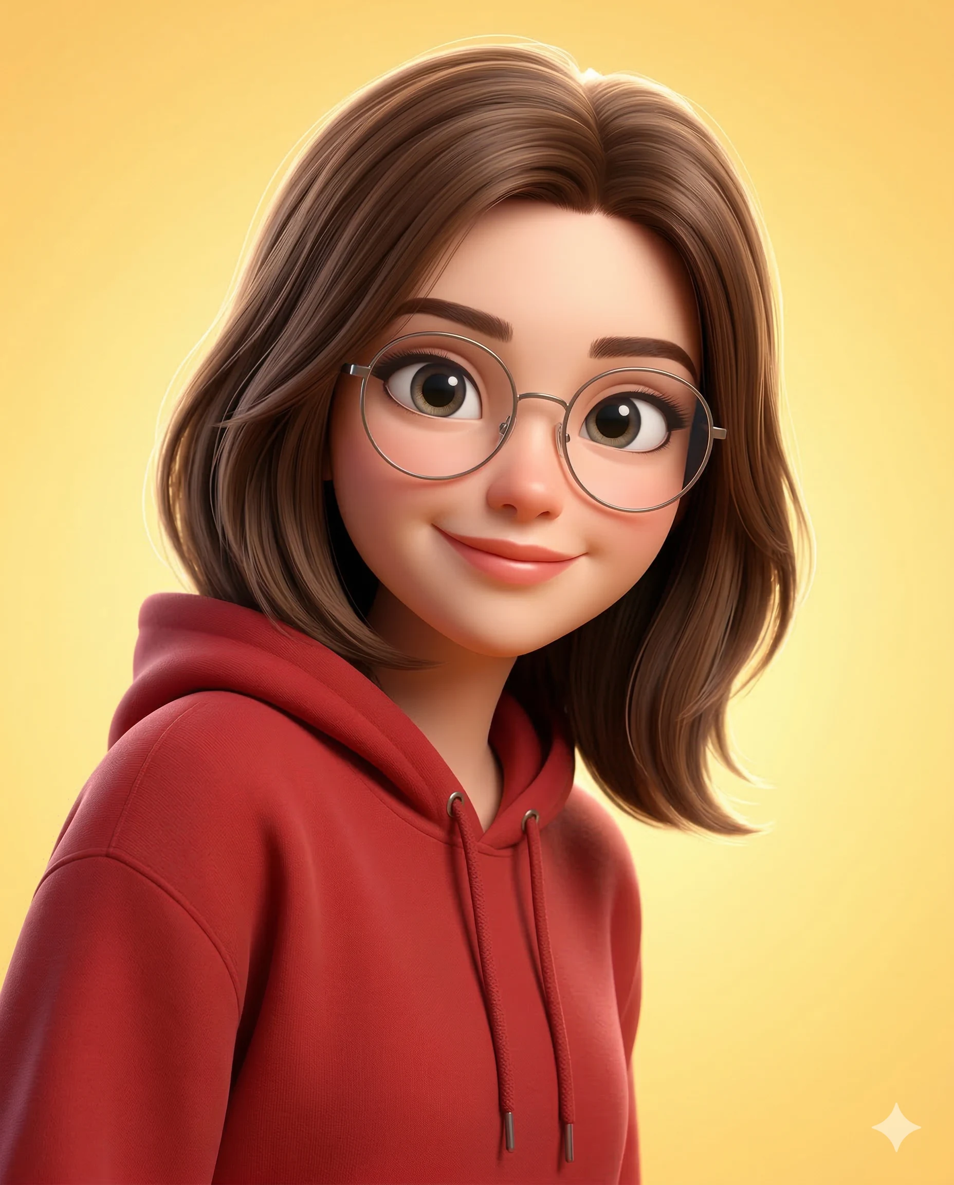 Girl in Red Hoodie with Glasses Avatar AI Prompt. AI generated 3D digital illustration portrait of a smiling young woman with brown hair and round spectacles wearing a red hoodie against a yellow background.
