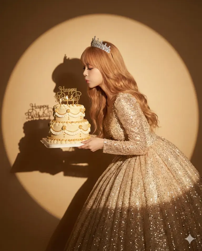A woman in a gold sequined gown and tiara holds a birthday cake in a circular spotlight. She's blowing out a candle, casting a dramatic shadow against a tan, cinematic backdrop.