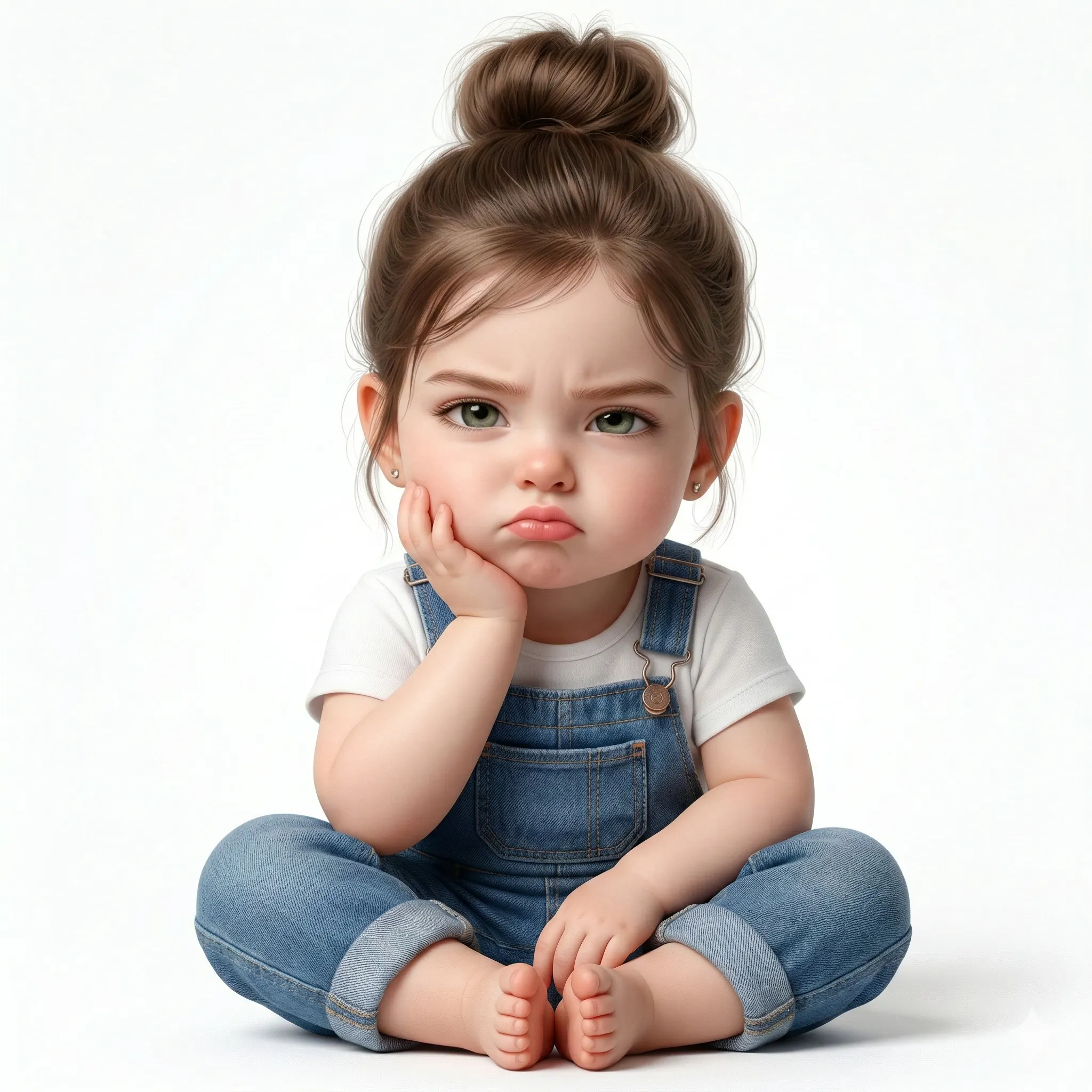 Grumpy Toddler AI Prompt. AI generated 3D digital illustration of a pouting little girl with a high bun hairstyle wearing denim dungarees and a white t-shirt against a plain white background.