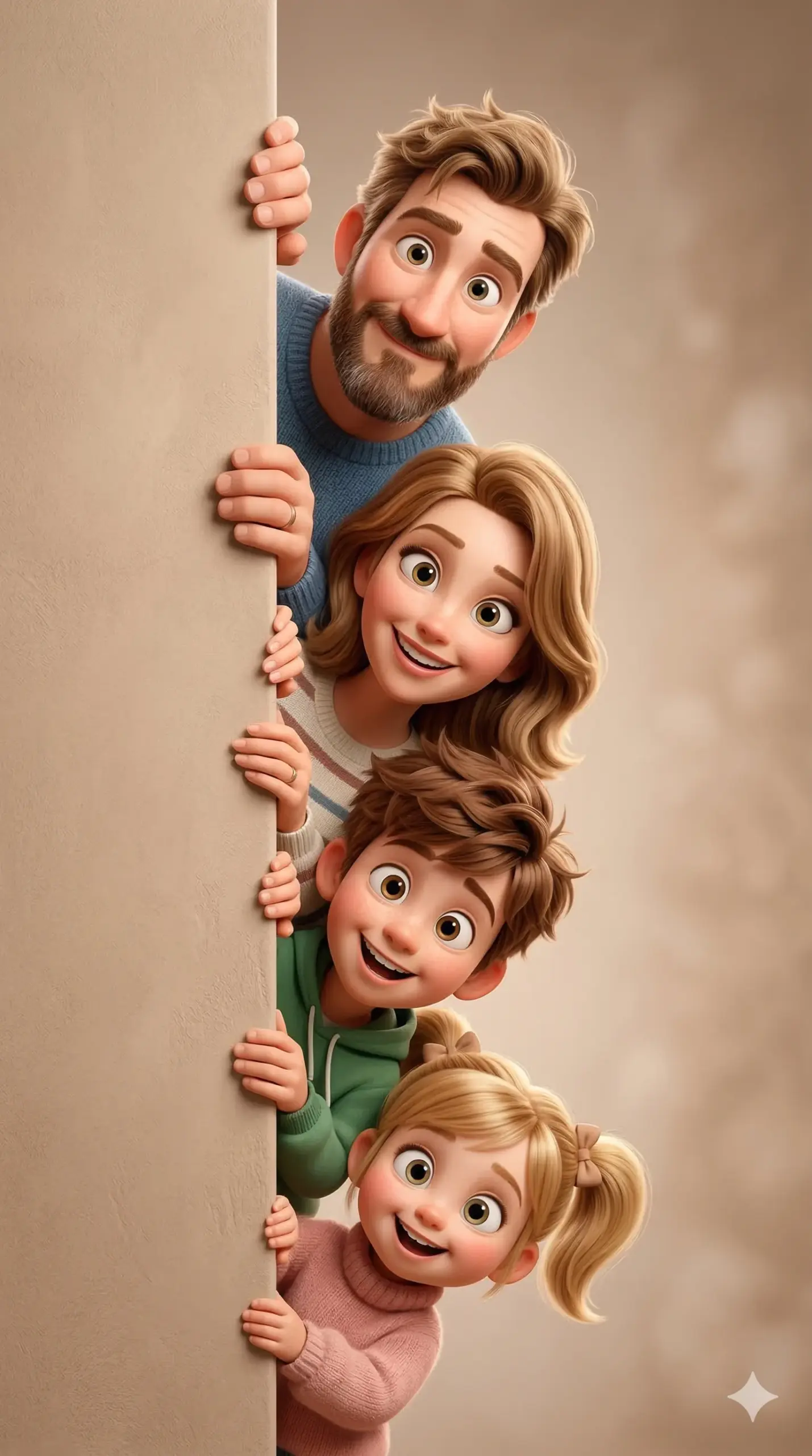 Family Peeking Behind Wall AI Photo Editing Prompt. AI generated 3D digital illustration of a cheerful family of four peeking from behind a beige wall in a playful vertical stack.
