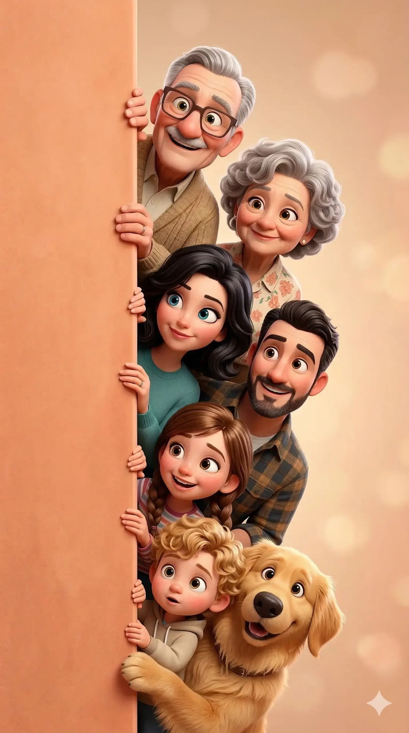 Happy Family Peeking from Wall AI Photo Editing Prompt. AI generated 3D digital illustration of a happy multi-generational family and their golden retriever peeking around a wall.
