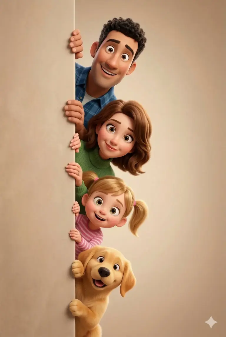 Family and Golden Retriever Peeking AI Photo Editing Prompt. AI generated 3D digital illustration of a smiling cartoon family and their puppy peeking from behind a beige wall.