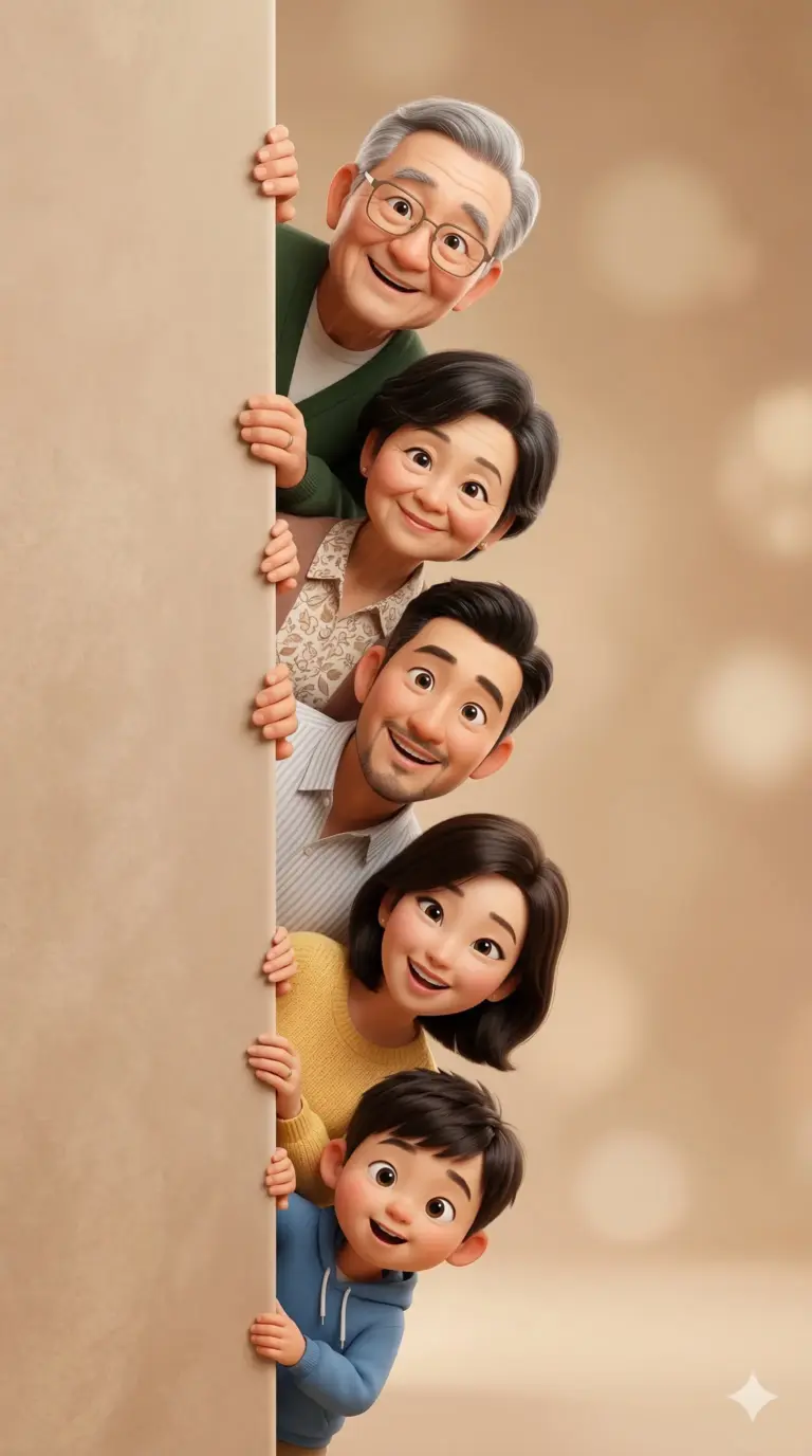 Happy Cartoon Family Peeking from Wall AI Photo Editing Prompt. AI generated 3D digital illustration of a smiling three-generation family peeking vertically from behind a beige wall.