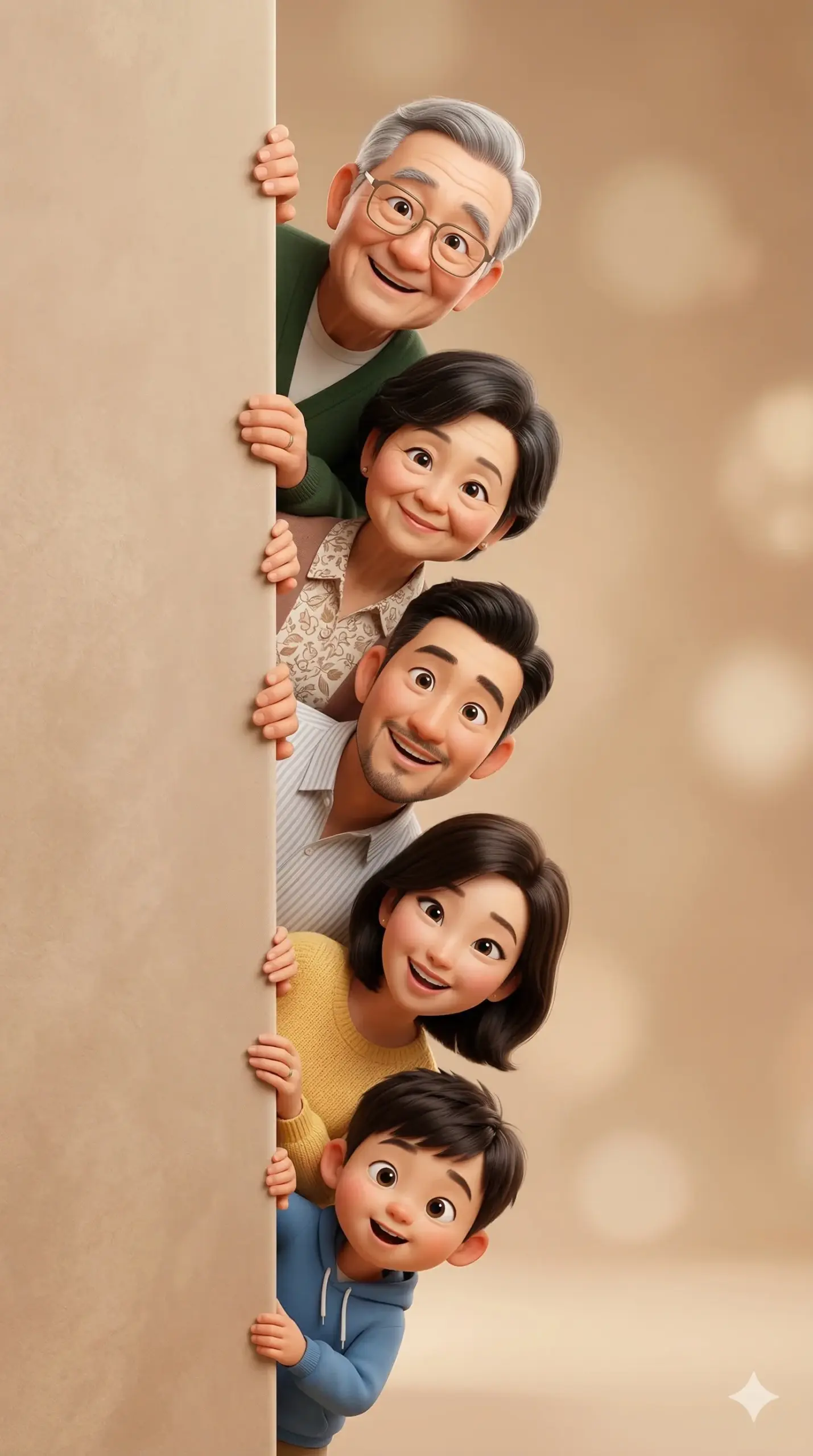 Happy Cartoon Family Peeking from Wall AI Photo Editing Prompt. AI generated 3D digital illustration of a smiling three-generation family peeking vertically from behind a beige wall.