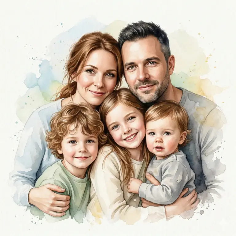 Happy Family Watercolor Portrait Prompt. AI generated watercolor illustration of a happy family with three young children smiling and hugging together in a soft artistic style.