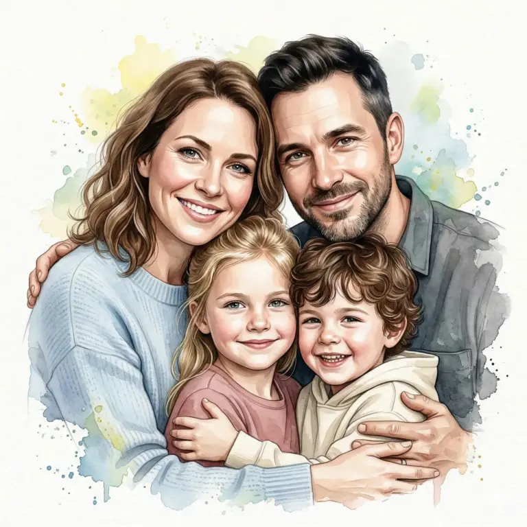 Happy Family Watercolor Portrait AI Photo Editing Prompt. AI generated digital watercolor illustration of a smiling family of four, featuring a mother, father, daughter, and son, in a warm embrace.