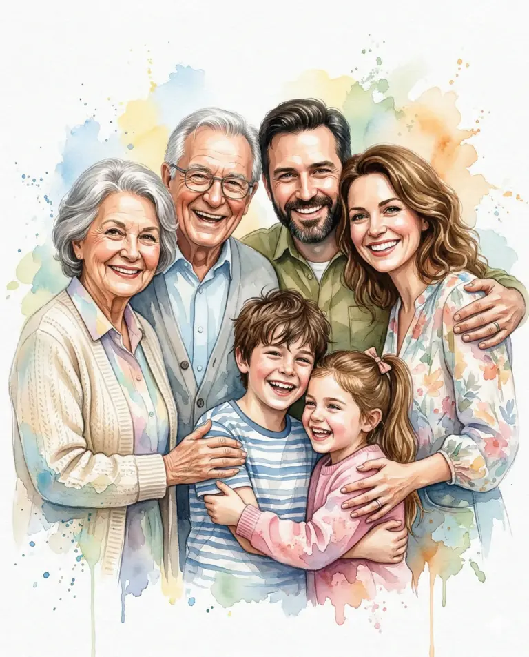 Happy Family Watercolor Portrait Google Gemini AI Prompt. AI generated watercolor digital illustration of a smiling multi-generational family including grandparents, parents, and two children hugging together.