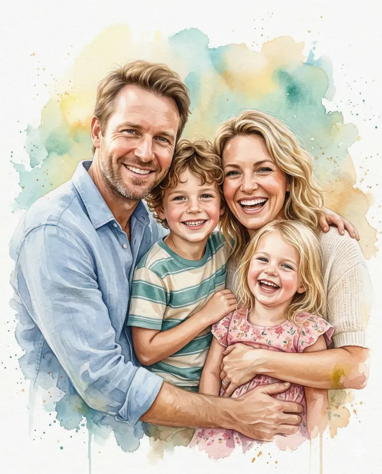 Happy Family Watercolor Portrait Art Prompt. AI generated watercolor illustration of a smiling father, mother, and two young children hugging amidst soft artistic paint splashes.