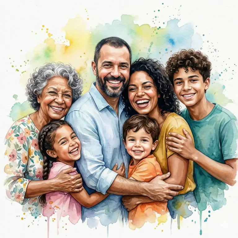 Happy Family Portrait AI Photo Editing Prompt. AI generated digital watercolor illustration of a multi-generational family of six hugging joyfully in a vibrant artistic style.