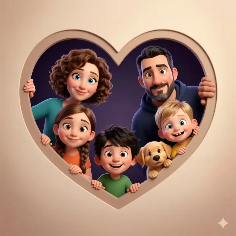 Happy Family in Heart Frame AI Photo Editing Prompt. AI generated 3D digital illustration of a smiling family with three children and a golden retriever puppy peeking through a heart-shaped cutout.
