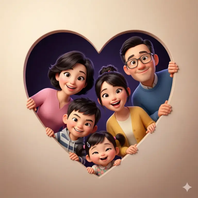 Happy Family in Heart Frame AI Photo Editing Prompt. AI generated 3D digital illustration of a smiling East Asian family of five peeking through a large heart-shaped cutout against a dark background.