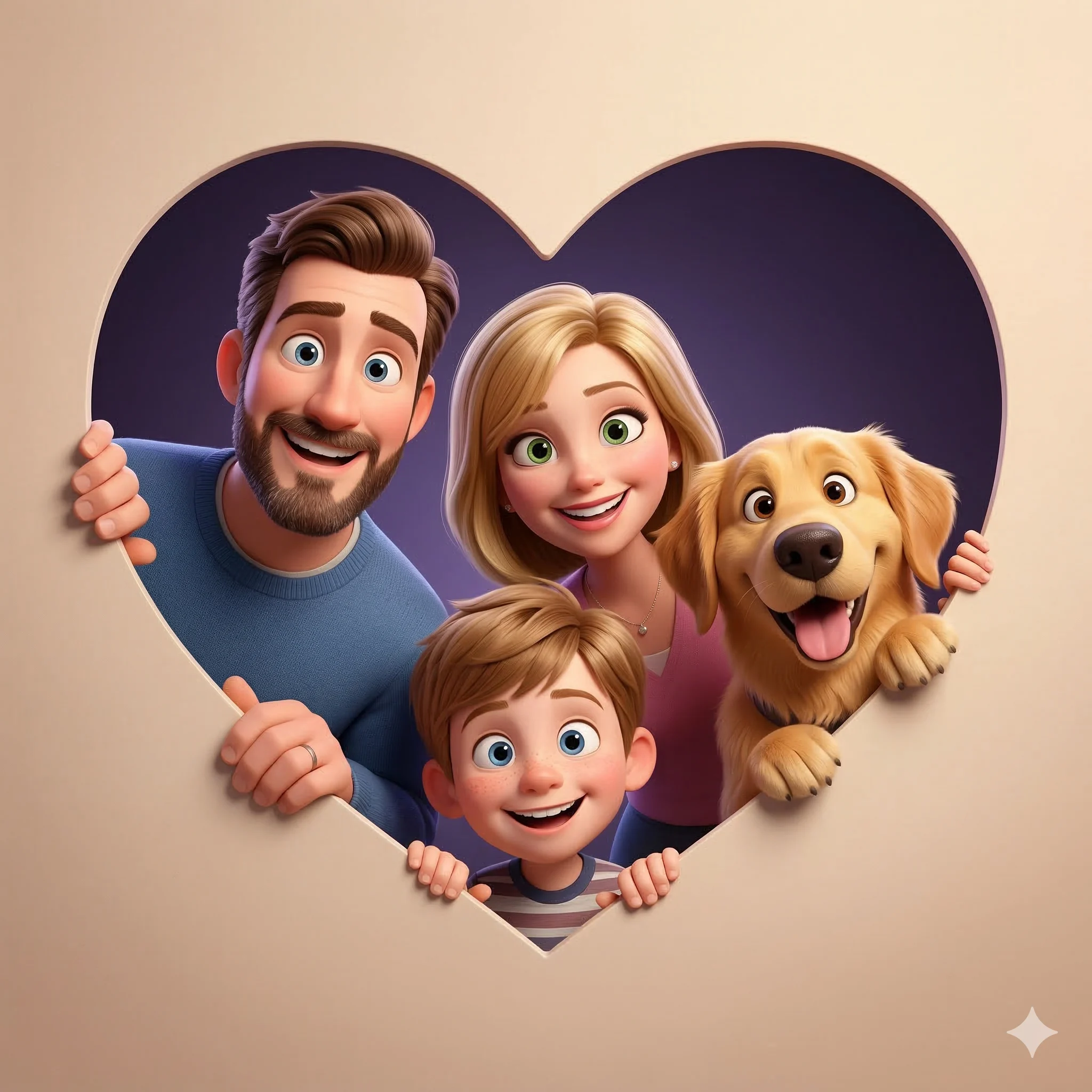 Family Heart Frame AI Photo Editing Prompt. AI generated 3D Digital Illustration of a smiling family and their Golden Retriever peering through a heart-shaped frame aperture.