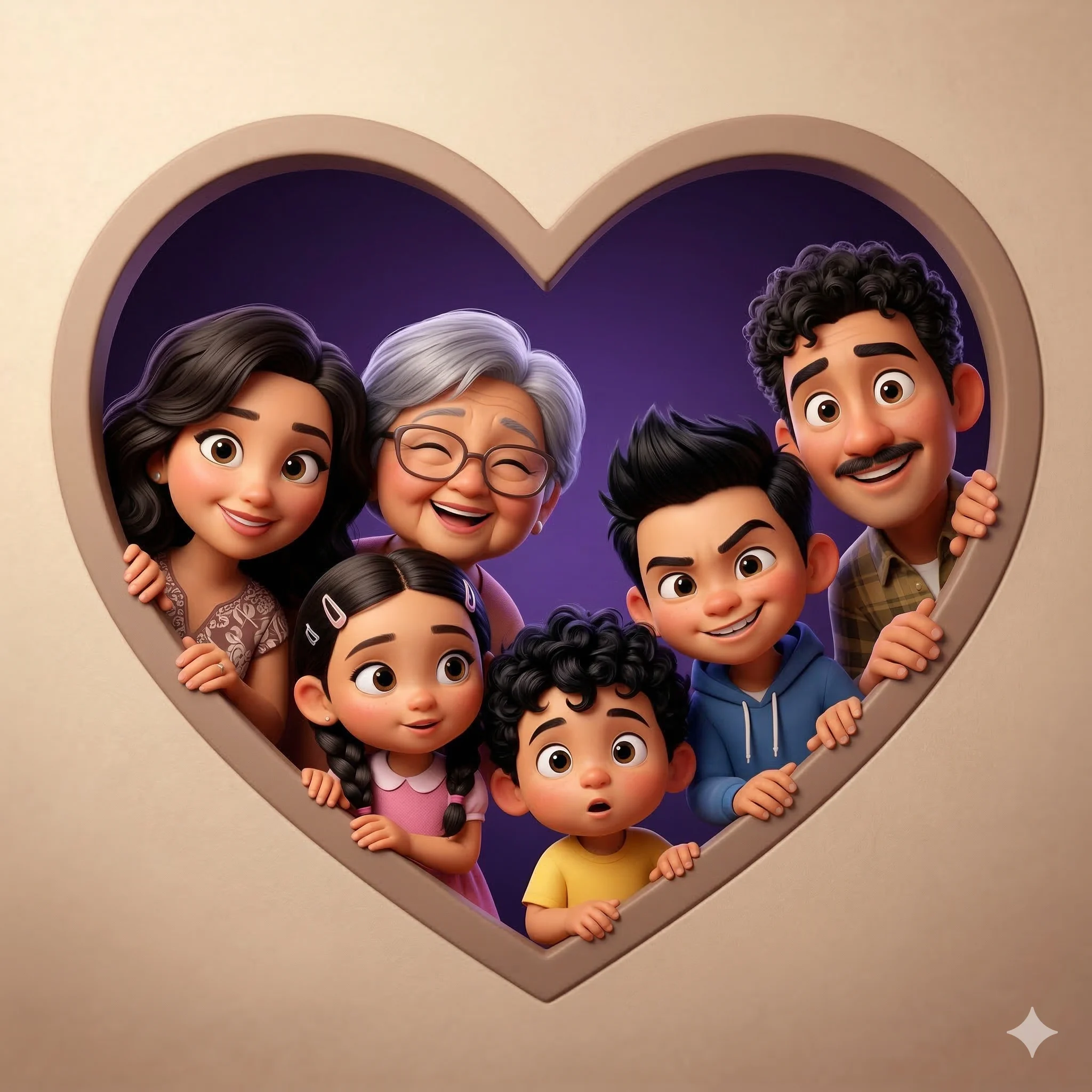 Multi-Generational Family Peeking through Heart-Shaped Frame AI Photo Editing Prompt. AI generated stylized 3D digital illustration in a Pixar-esque art style. A diverse and smiling group of six people—mother, father, grandmother, and three children—peers out joyfully from a large heart-shaped opening in a wall, set against a deep purple background.