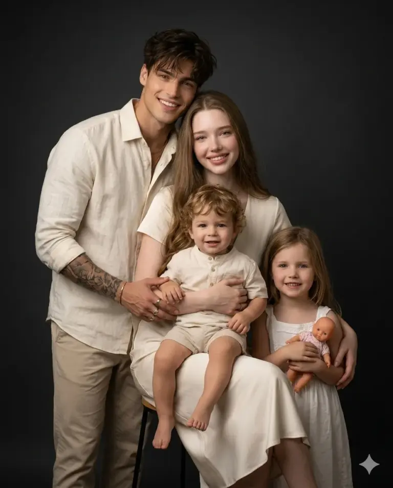 Happy Family AI Photo Editing Prompt. AI generated studio portrait of a smiling family of four wearing cream-colored outfits against a dark background.