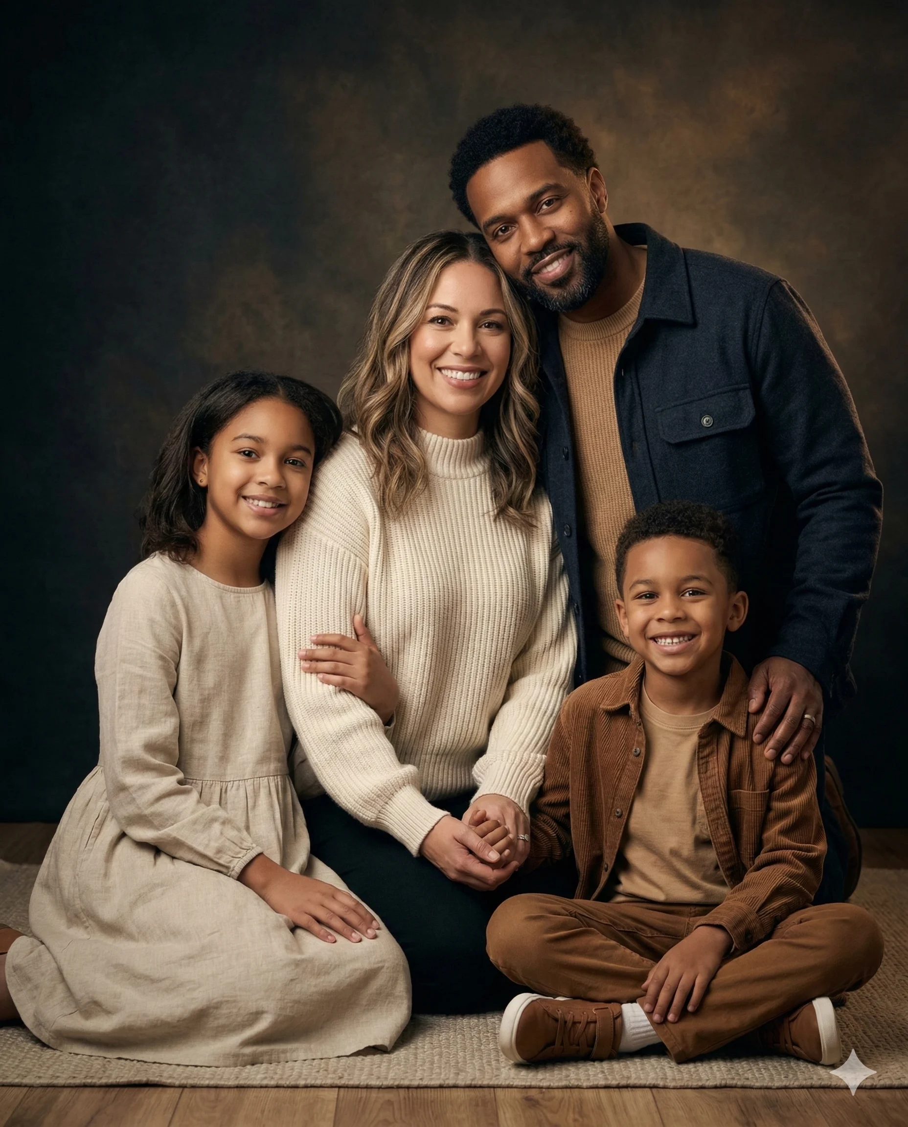 Happy Family in Earth Tones AI Photo Editing Prompt. AI generated studio portrait of a smiling family of four wearing coordinated warm-colored outfits against a dark textured background.