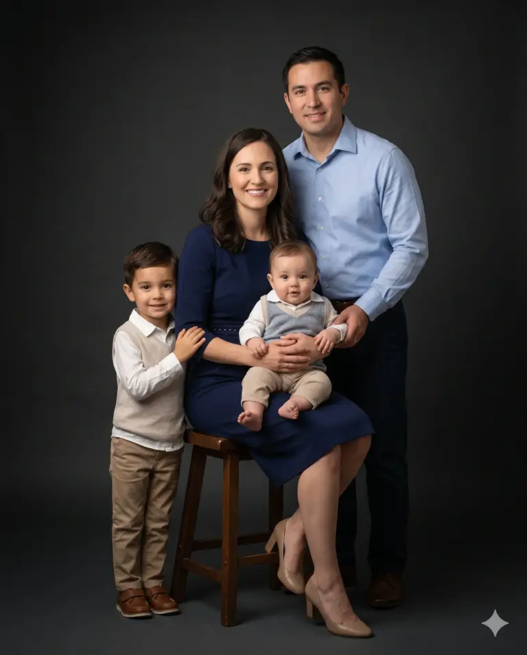 Happy Family Studio Portrait AI Photo Editing Prompt. AI generated studio portrait of a smiling father, mother, young boy, and baby posing together against a dark grey background.