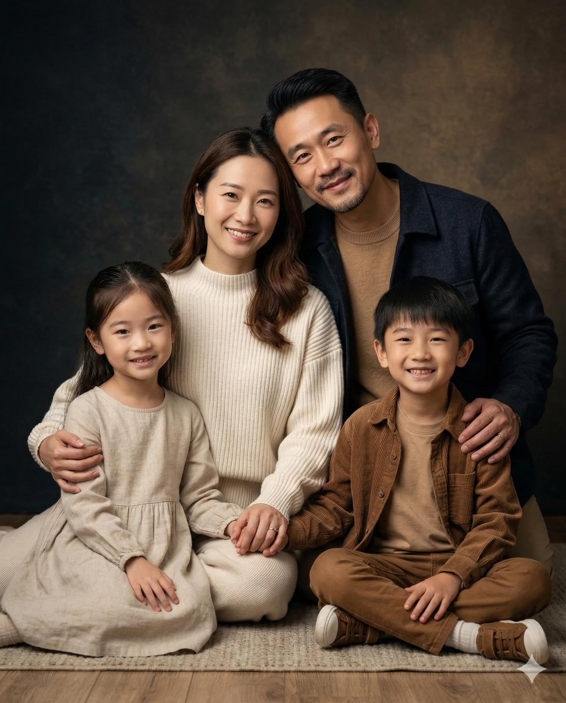 Family Studio Portrait AI Photo Editing Prompt. AI generated studio portrait of a smiling Asian family of four wearing coordinated earthy-toned clothing against a textured dark backdrop.