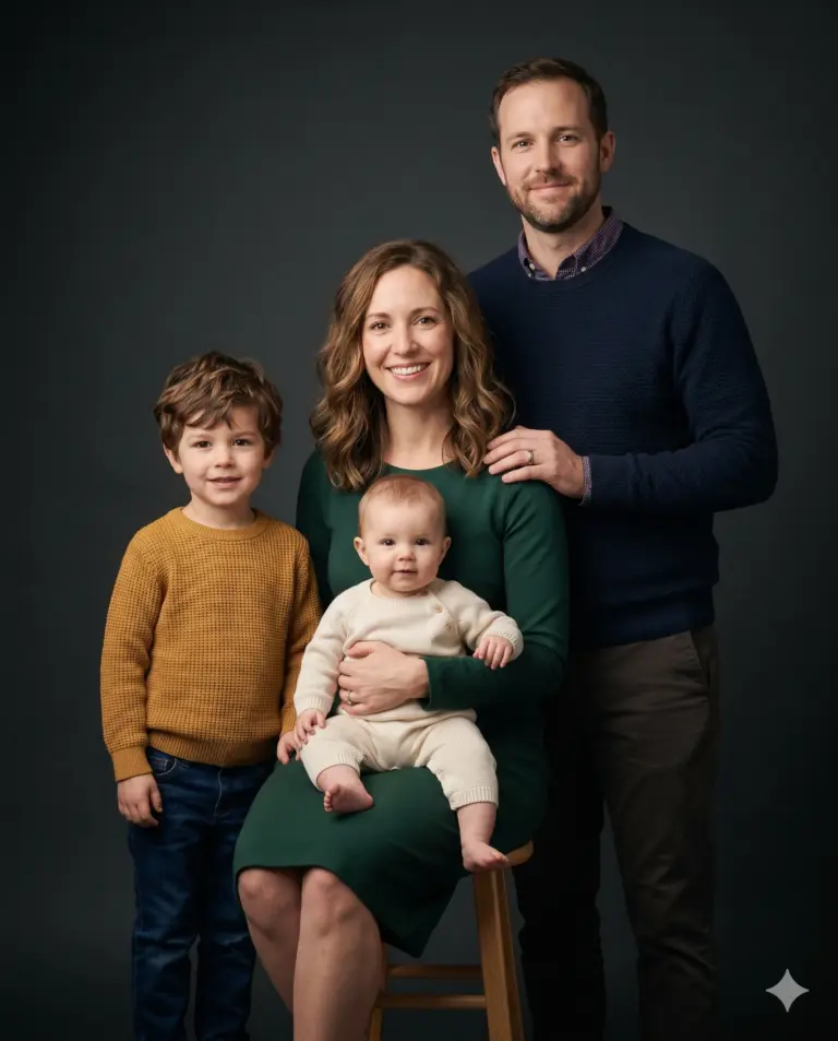 Classic Family of Four AI Photo Editing Prompt. AI generated studio portrait of a smiling father, mother holding a baby, and a young boy posing against a dark background.