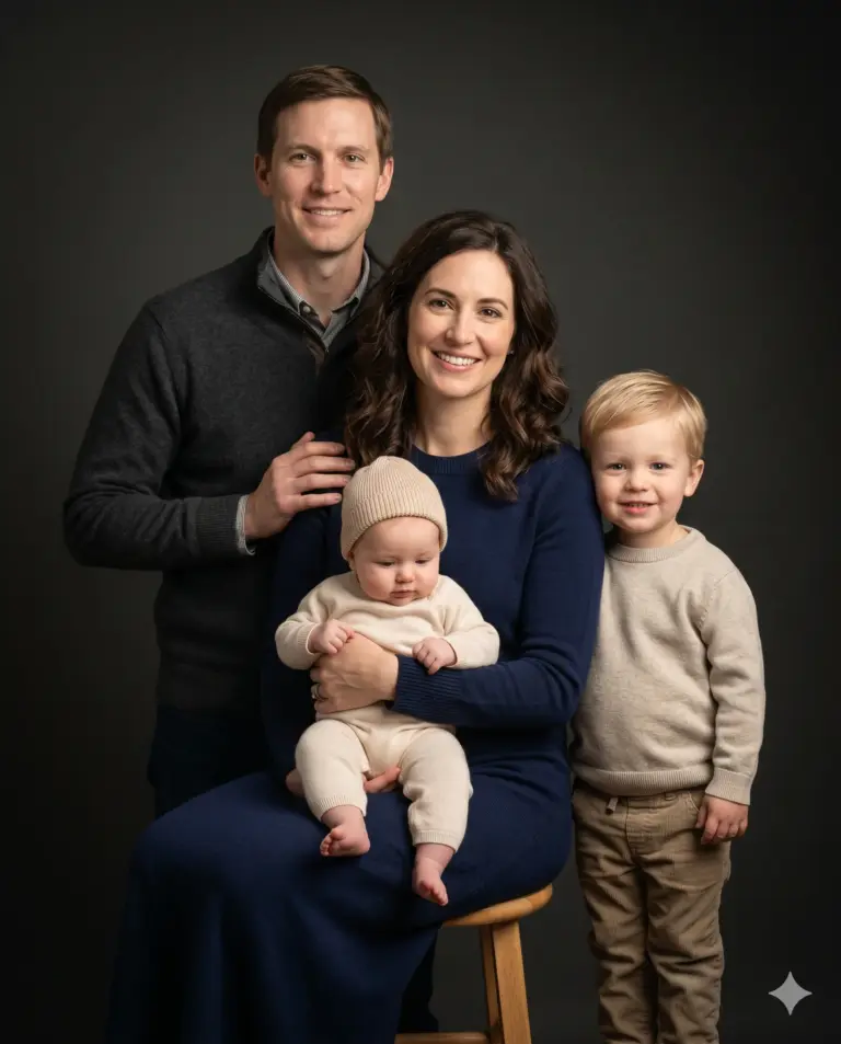 AI generated studio portrait of a smiling family of four in cozy knitwear against a dark backdrop with soft lighting.