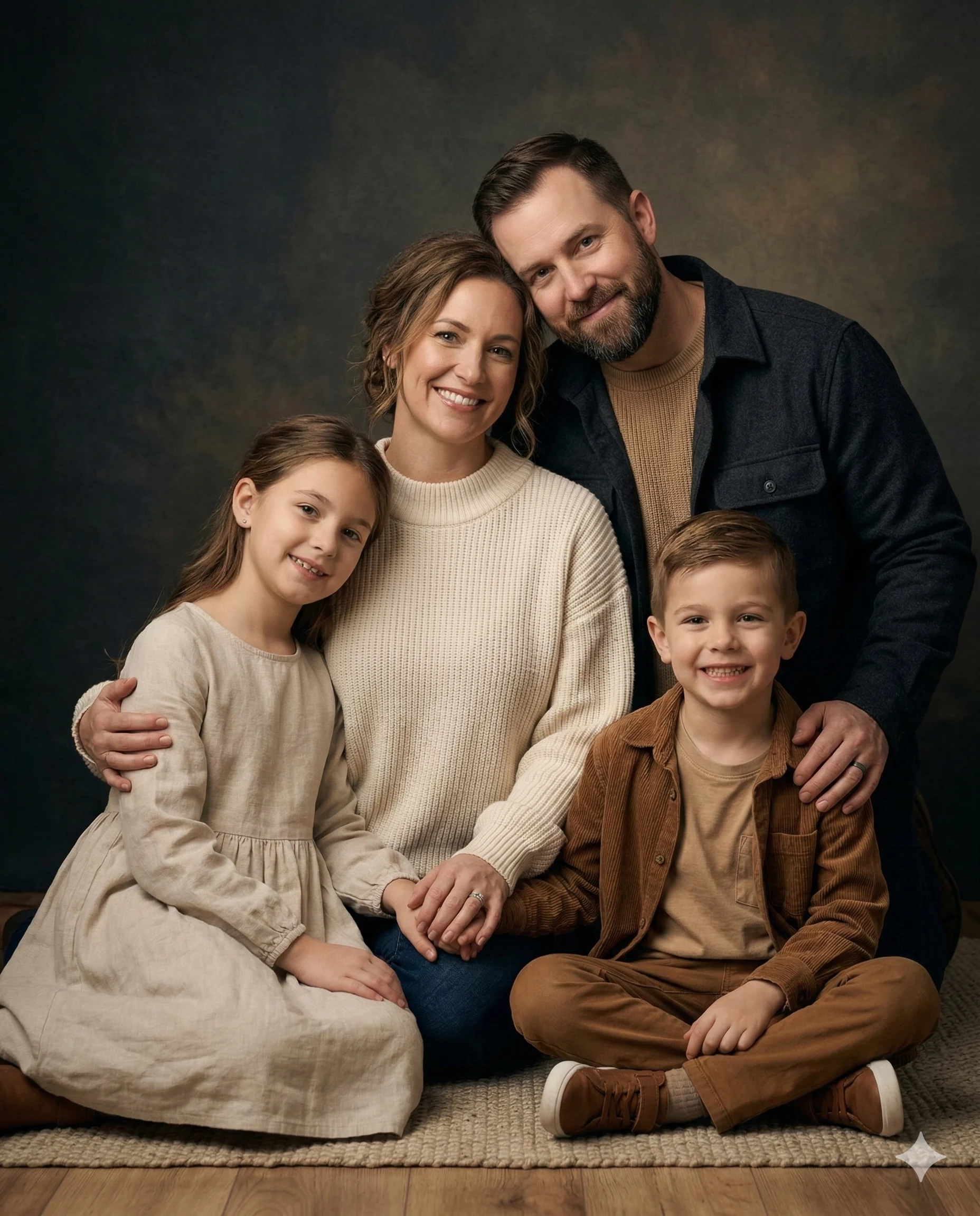 Happy Family Studio Portrait AI Photo Editing Prompt. AI generated studio portrait of a smiling family of four wearing coordinated earthy-toned outfits while posing closely against a dark textured background.