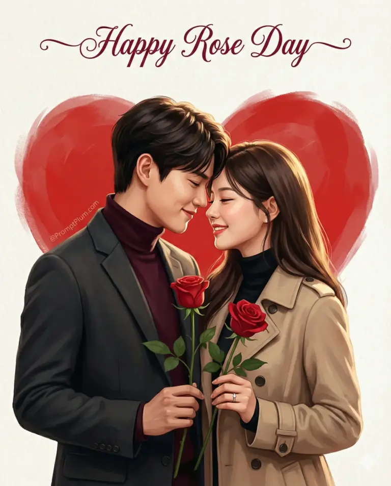 Romantic illustration of a couple holding red roses against a large red heart background with "Happy Rose Day" text.