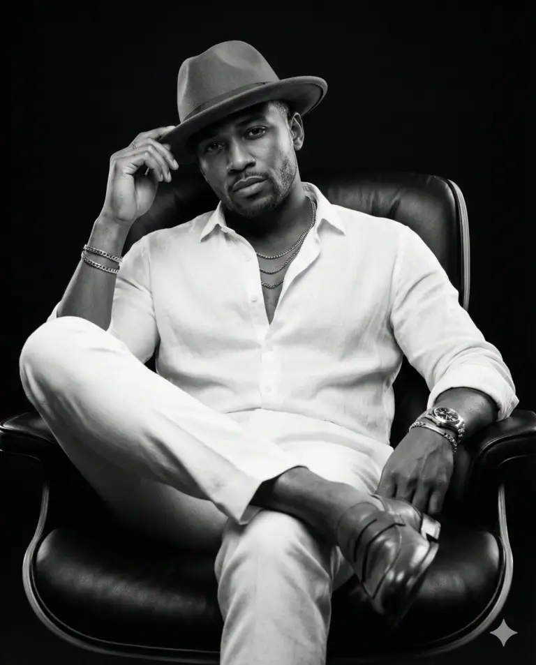 High-contrast B&W portrait of a Black man in a fedora and white linen, seated cross-legged in a leather chair while tipping his hat. Sophisticated and cinematic.
