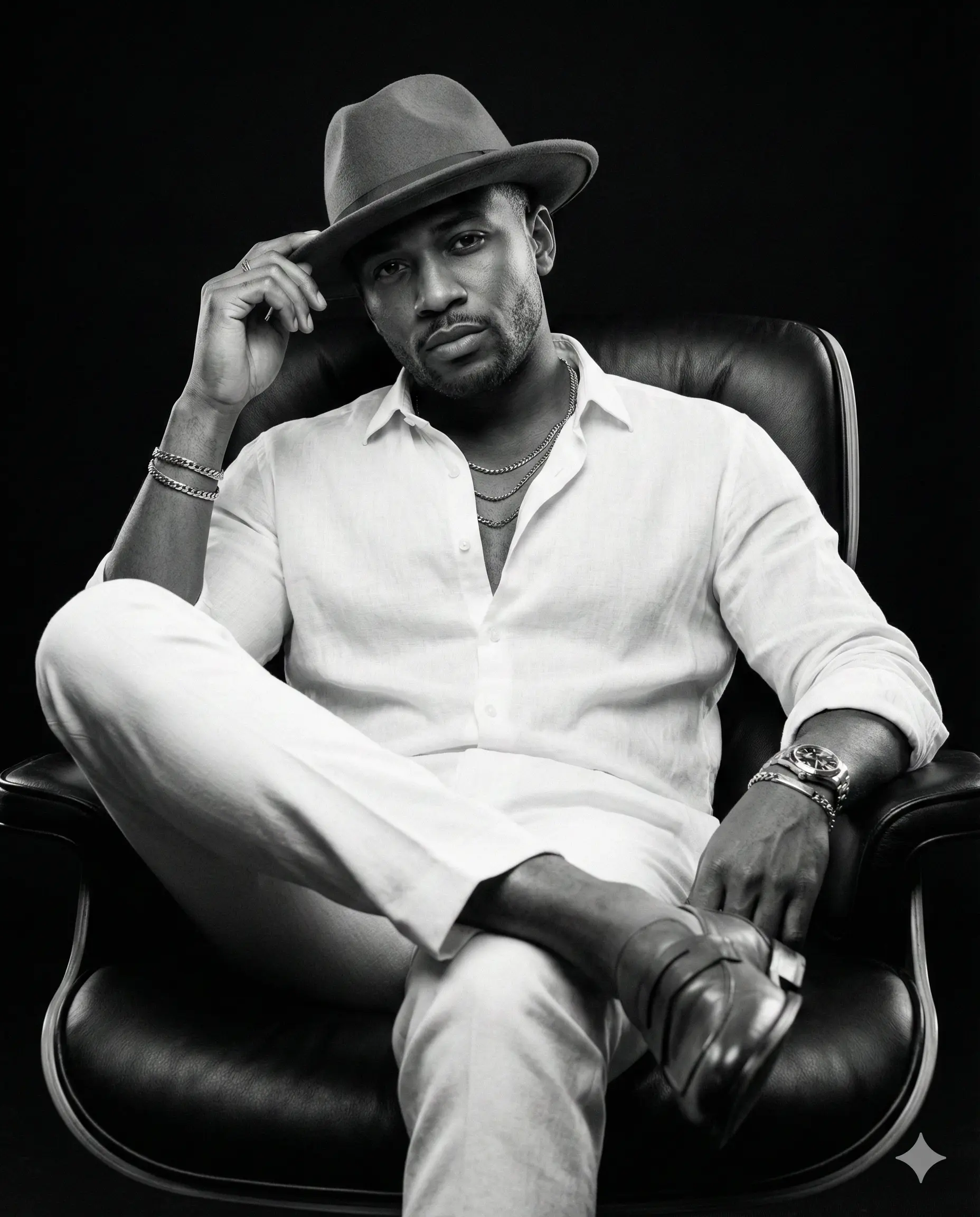 High-contrast B&W portrait of a Black man in a fedora and white linen, seated cross-legged in a leather chair while tipping his hat. Sophisticated and cinematic.