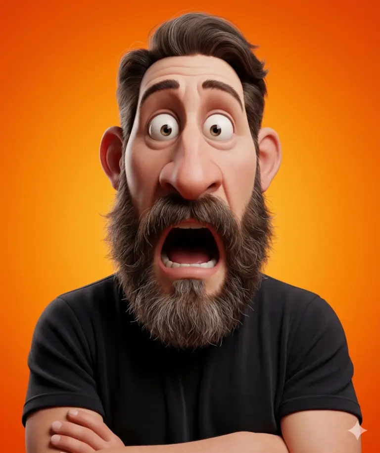 Shocked Exaggerated Avatar AI Photo Editing Prompt. AI generated 3D illustration of a bearded man with an extreme surprised expression on an orange background.