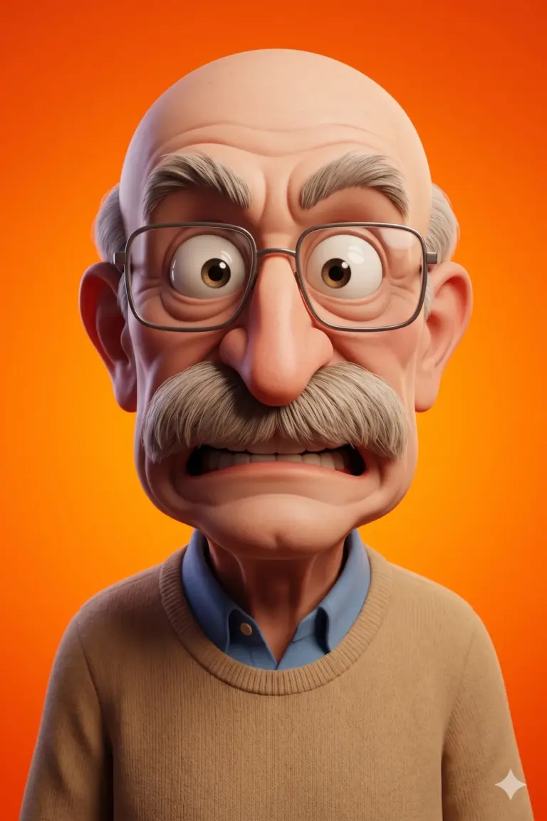 AI generated 3D illustration of a bald older man with glasses and a stressed, gritted-teeth expression on an orange background.