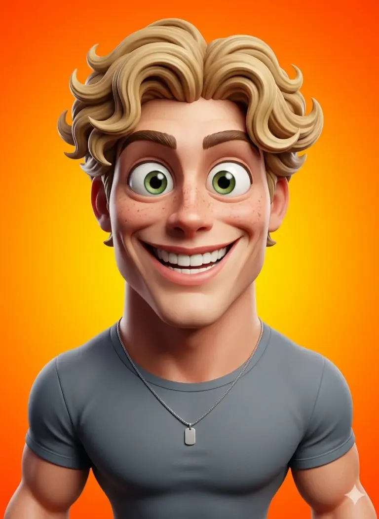 Grinning Exaggerated Avatar AI Photo Editing Prompt. AI generated 3D illustration of a blonde man with a massive, exaggerated smile on an orange background.