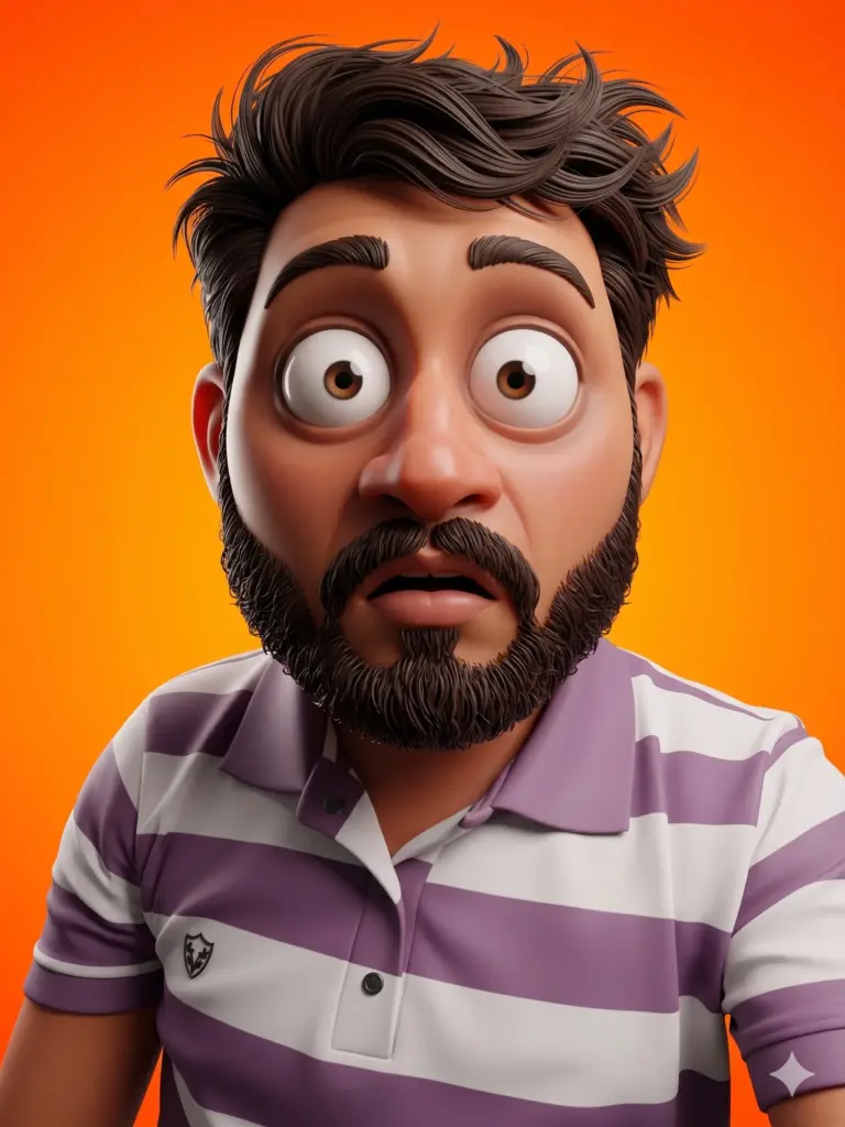 Startled Exaggerated Avatar AI Photo Editing Prompt. AI generated 3D illustration of a bearded man with a wide-eyed, surprised expression in a purple striped shirt on an orange background.