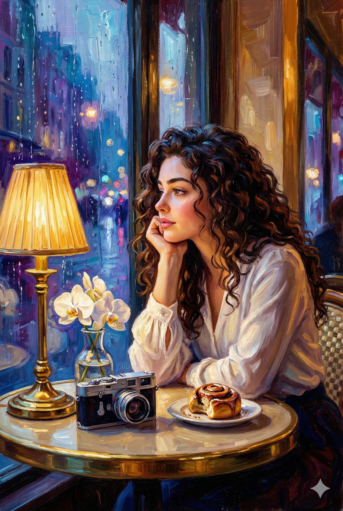 Impressionist oil painting of a woman with curly hair in a rainy city cafe with a vintage camera and pastry.