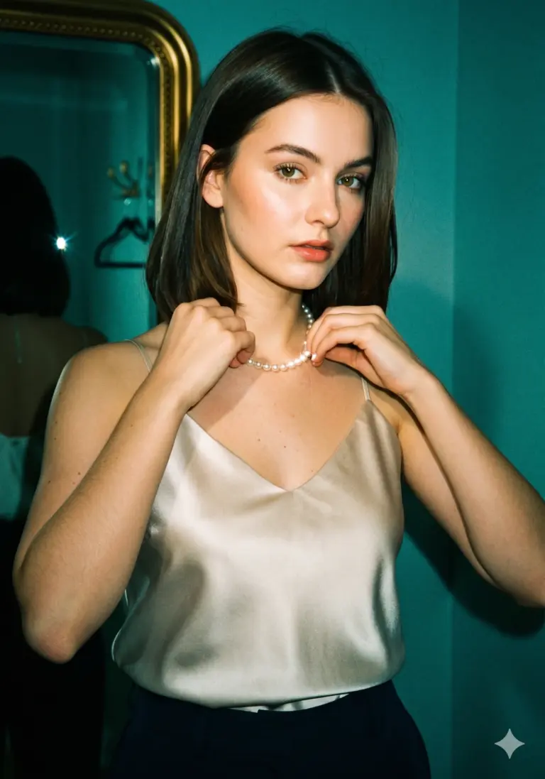 Flash Filter AI Photo Editing Prompt. AI generated portrait of a young woman in a silk camisole adjusting her pearl necklace, styled with a retro Instagram flash effect.