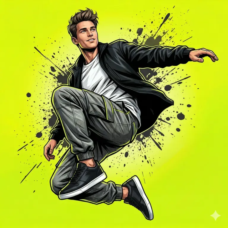Man Jumping in Streetwear AI Illustration Prompt. AI generated digital illustration of a stylish man in a black jacket and grey cargo pants leaping against a lime green background with black ink splatters.