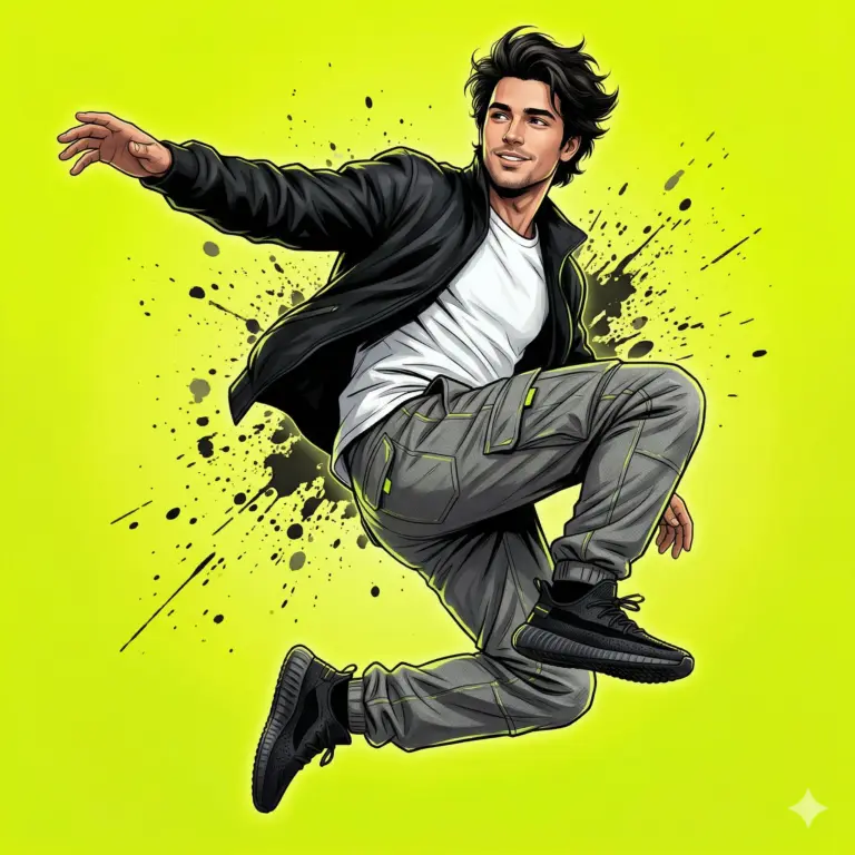 Jumping Man Pop Art Illustration Prompt. AI generated pop-art digital illustration of a smiling man in a black jacket and cargo pants jumping against a neon green splatter background.