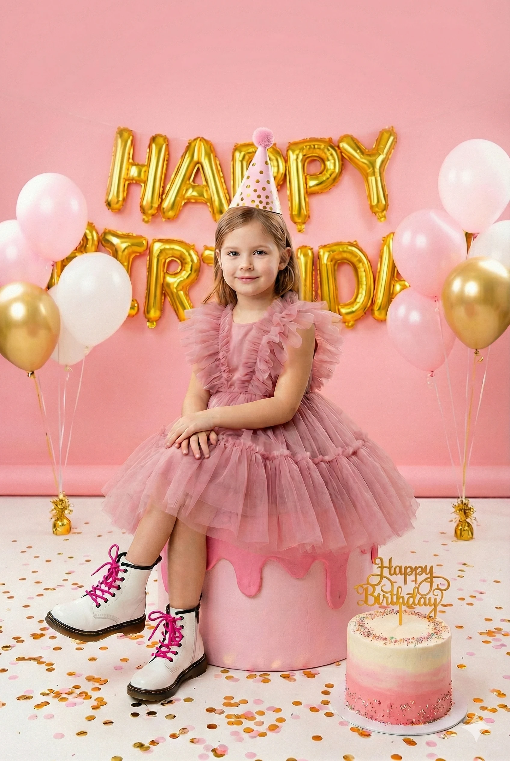A birthday star in a ruffled pink dress and white boots poses on a cake stool, framed by gold balloons and confetti. A celebratory scene full of pink charm!