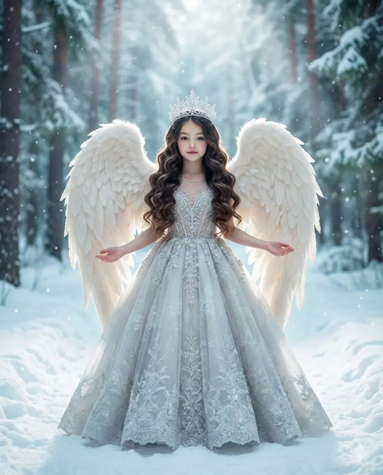 Gemini said A young girl with large white angel wings and a crown, wearing an intricate silver gown in a cinematic, sunlit snowy forest.
