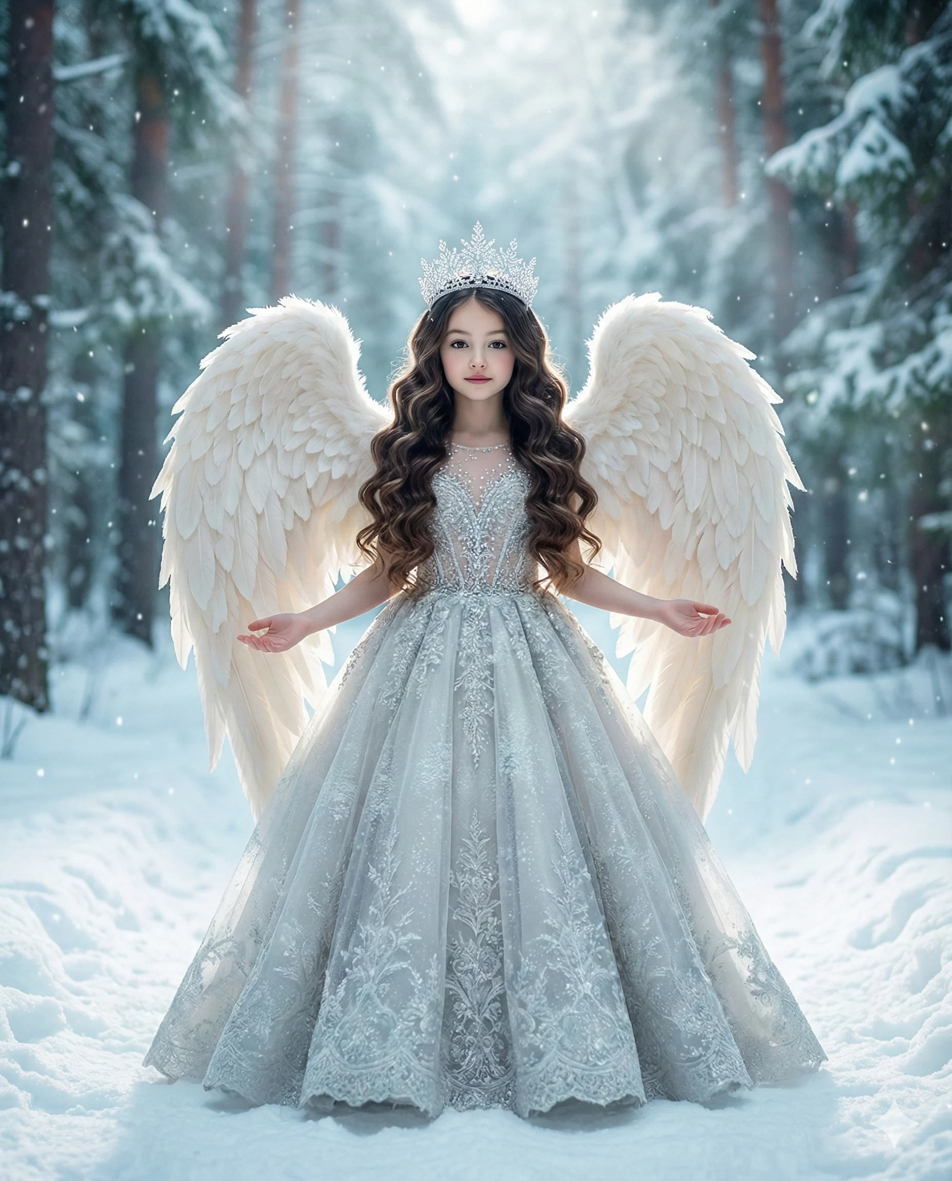 Gemini said A young girl with large white angel wings and a crown, wearing an intricate silver gown in a cinematic, sunlit snowy forest.