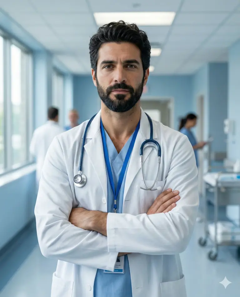 Male Doctor in Hospital Corridor AI Photo Editing Prompt. AI generated photorealistic portrait of a bearded man in a white lab coat and blue scrubs standing with arms crossed in a medical facility.