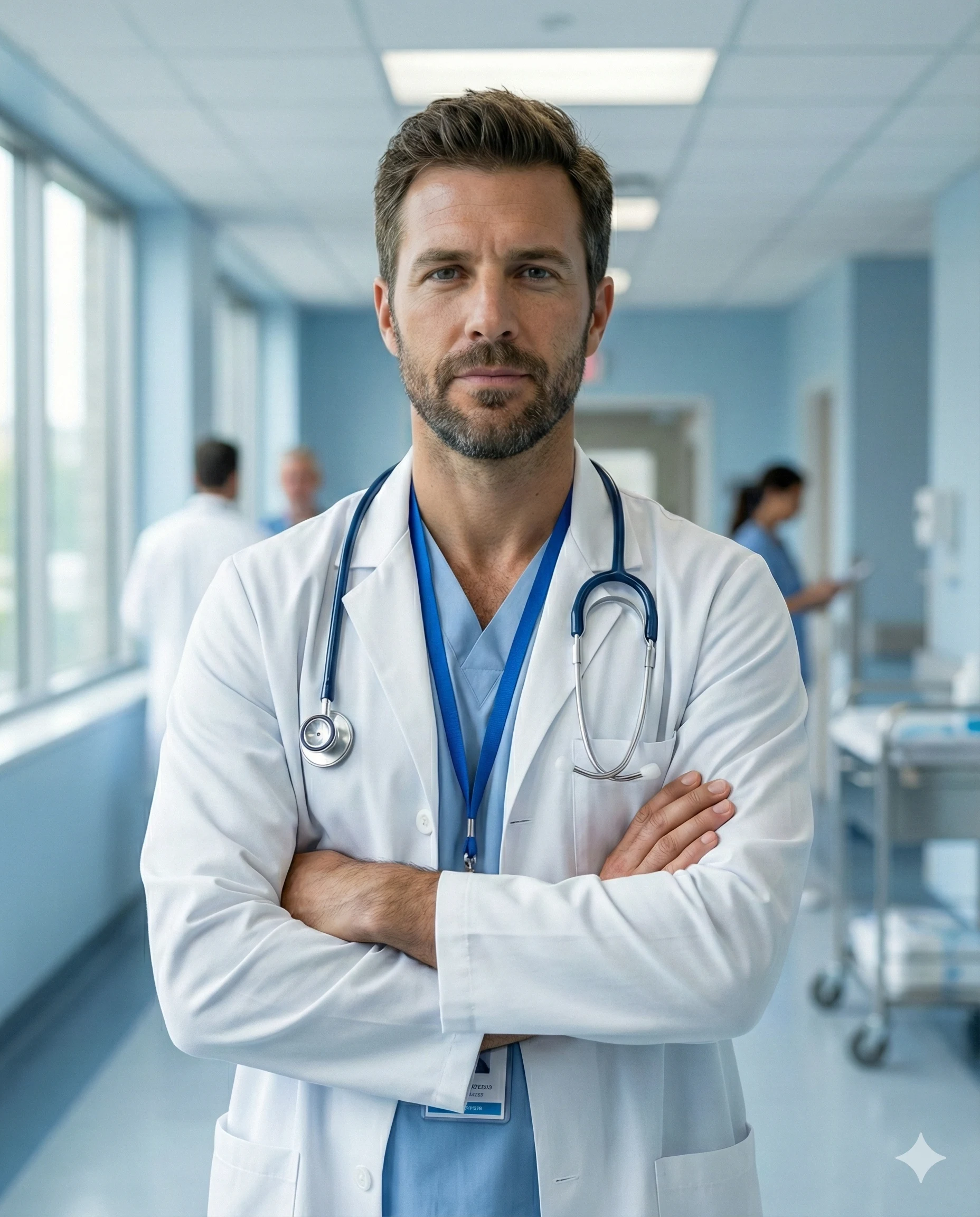 Male Doctor in Hospital Hallway AI Photo Editing Prompt. AI generated photorealistic portrait of a bearded male doctor in a white lab coat and blue scrubs standing with arms crossed in a hospital corridor.