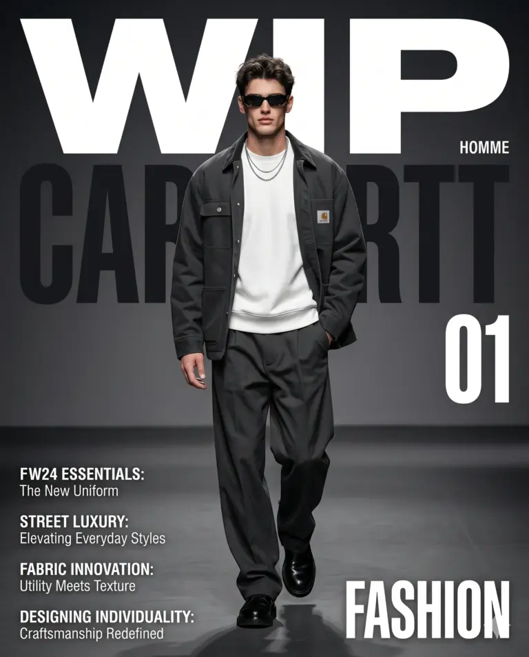 AI generated digital fashion magazine cover of a man wearing a charcoal utility jacket and sunglasses walking forward in a professional studio setting.