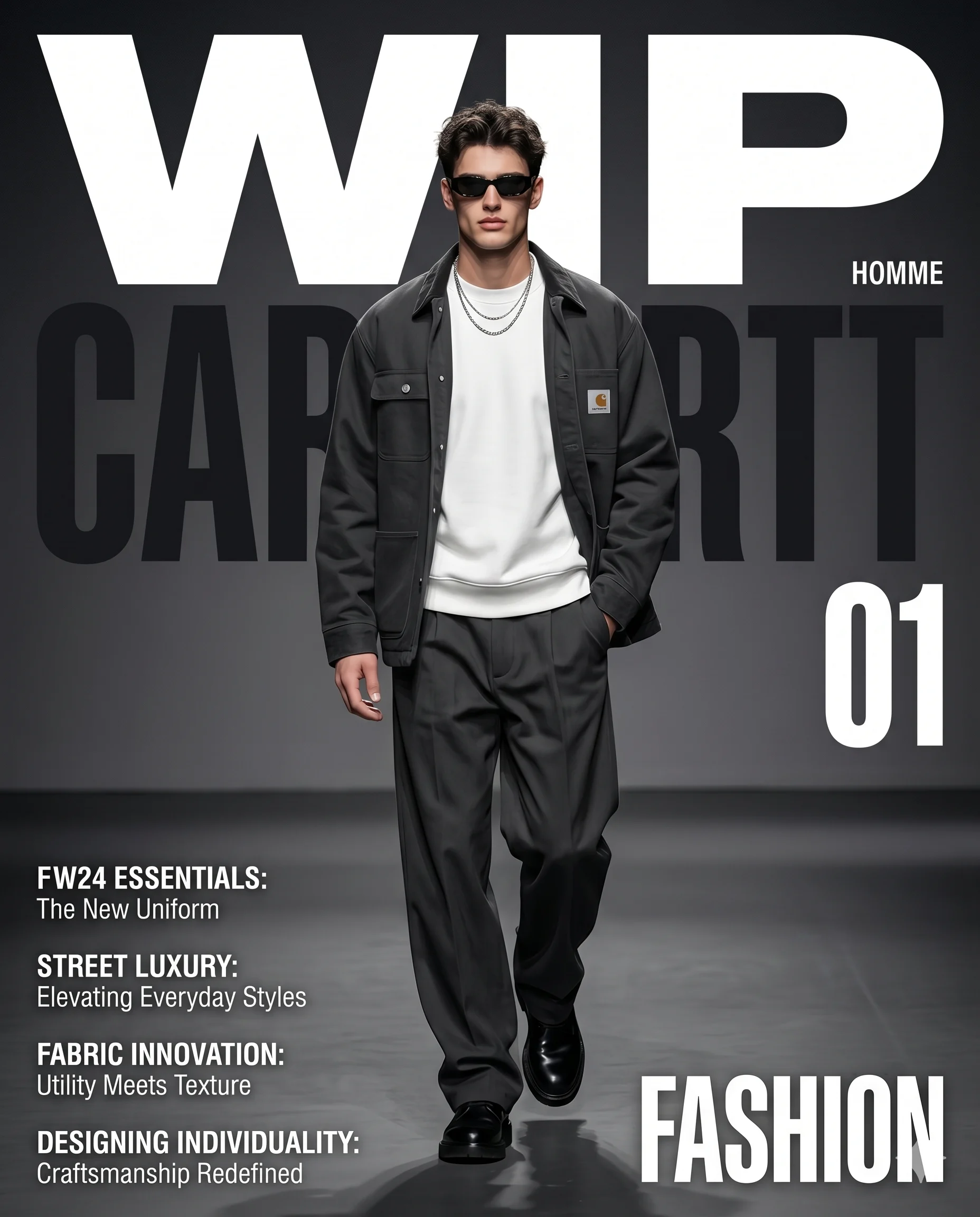 AI generated digital fashion magazine cover of a man wearing a charcoal utility jacket and sunglasses walking forward in a professional studio setting.