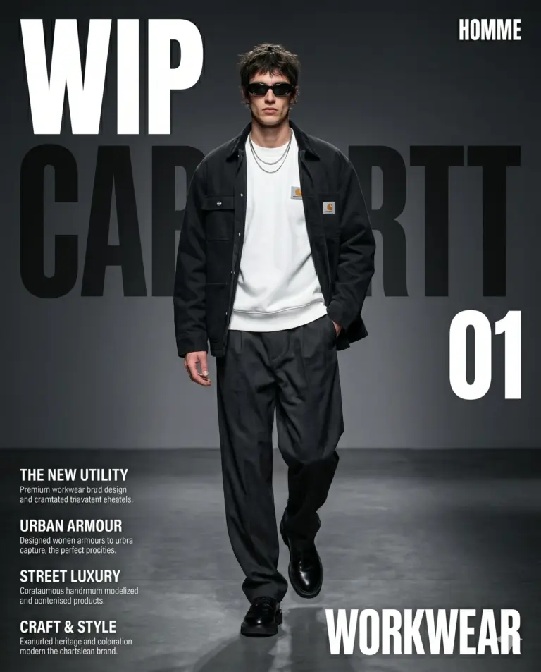 Modern Male Workwear Magazine Cover AI Photo Editing Prompt. AI generated digital fashion magazine cover featuring a man in a black chore jacket and white t-shirt walking on a studio runway.